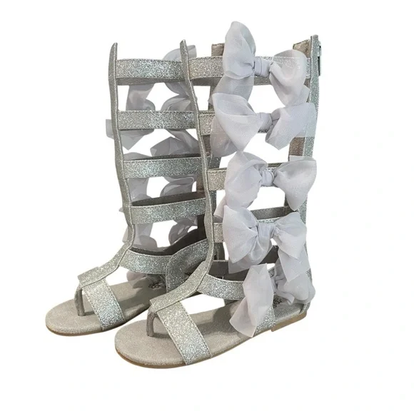 Joyfolie Girls Alexa Silver Glitter Gladiator Sandals with Bows | Size 10 - Picture 1 of 8